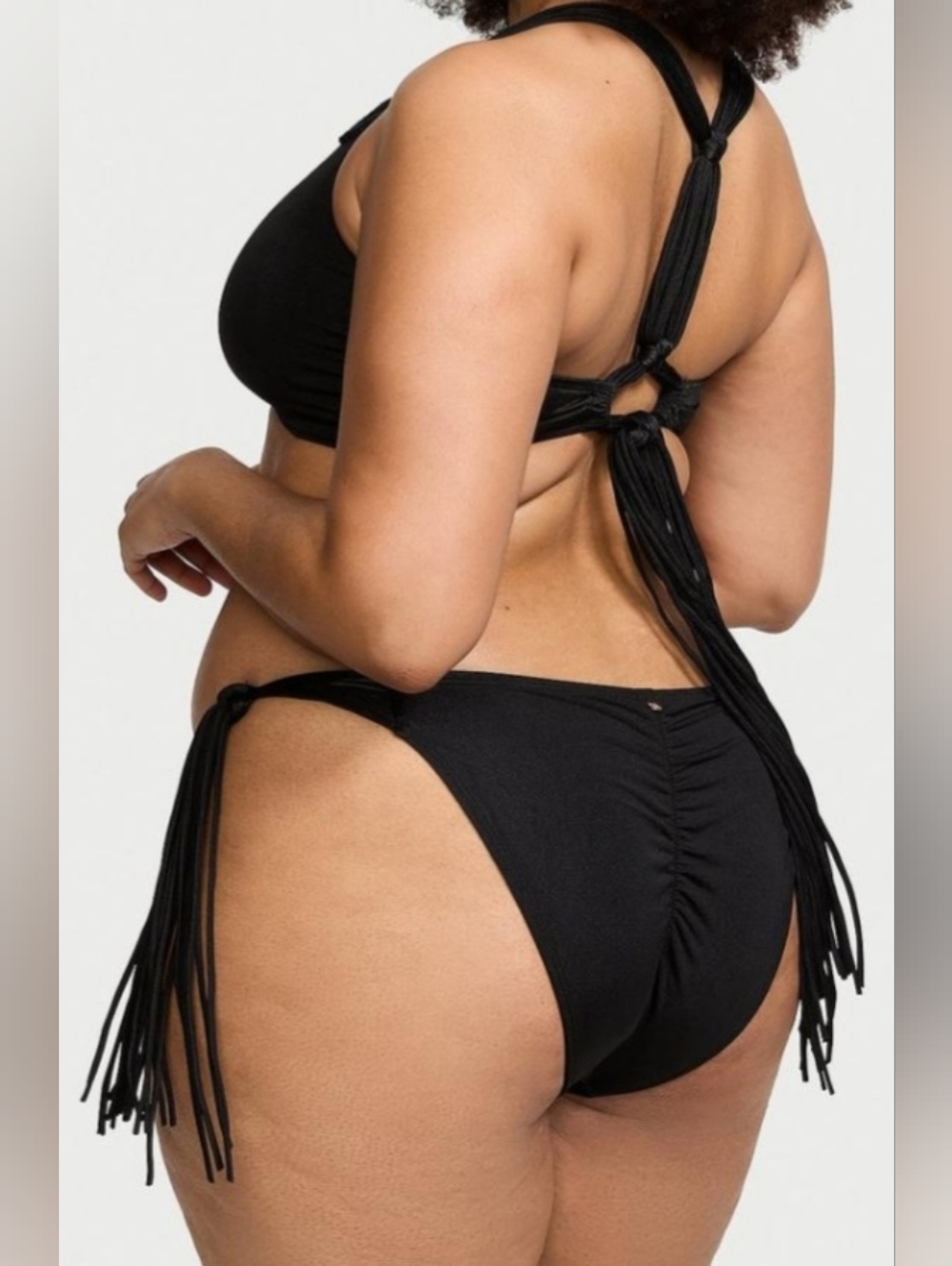 XL VS Archives Swim Macrame Fringe Bralette Cheeky Bikini Set Black Tropical - Picture 5 of 6